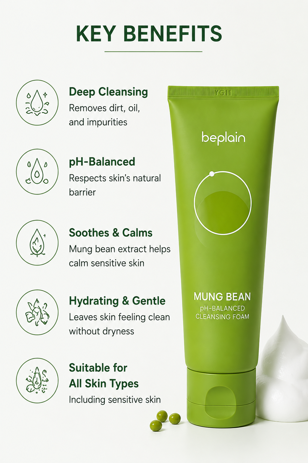 Beplain Mung Bean PH Balanced Cleansing Foam - 180ml