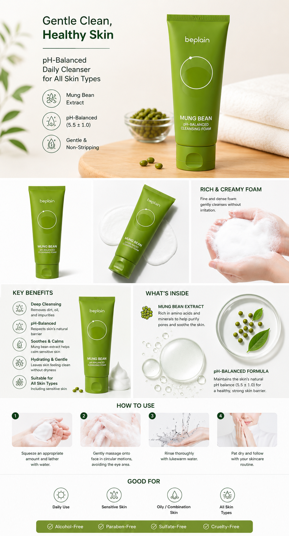 Beplain Mung Bean PH Balanced Cleansing Foam - 180ml